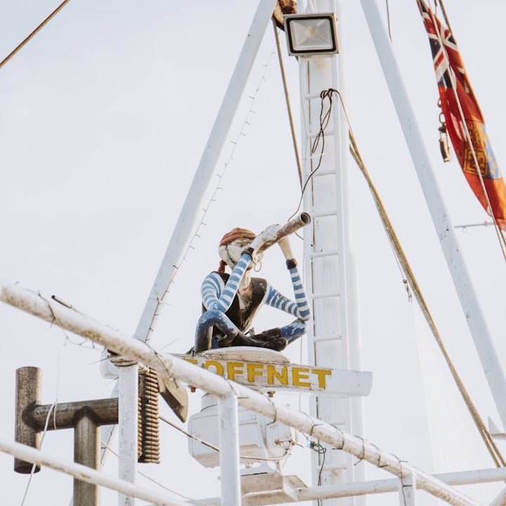 Pirat mit Fernglas auf einem Schiffsmast, im Hintergrund eine Flagge.