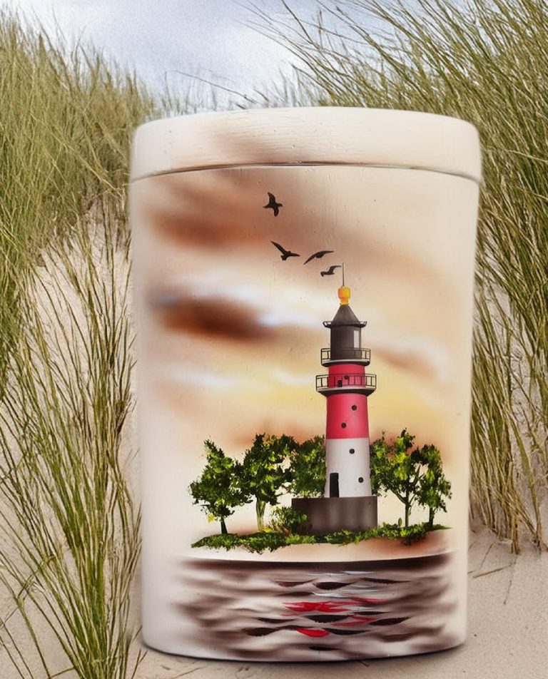 Hellbeige Seeurne mit einem gemalten Leuchtturm Büsum und einer Landschaftszene.