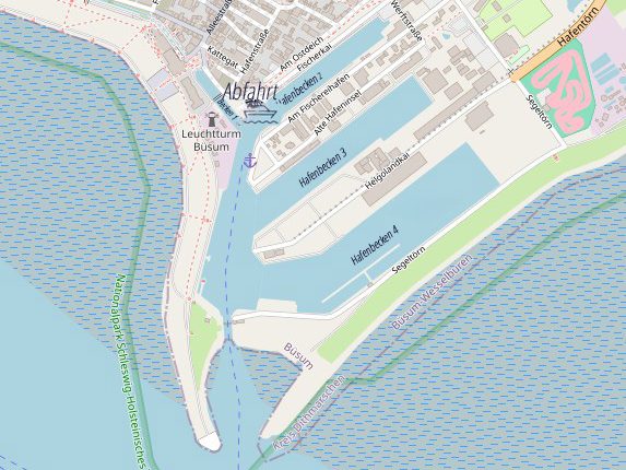 Plan des Büsumer Hafengebiets mit Wasserwegen und umliegenden Straßen.